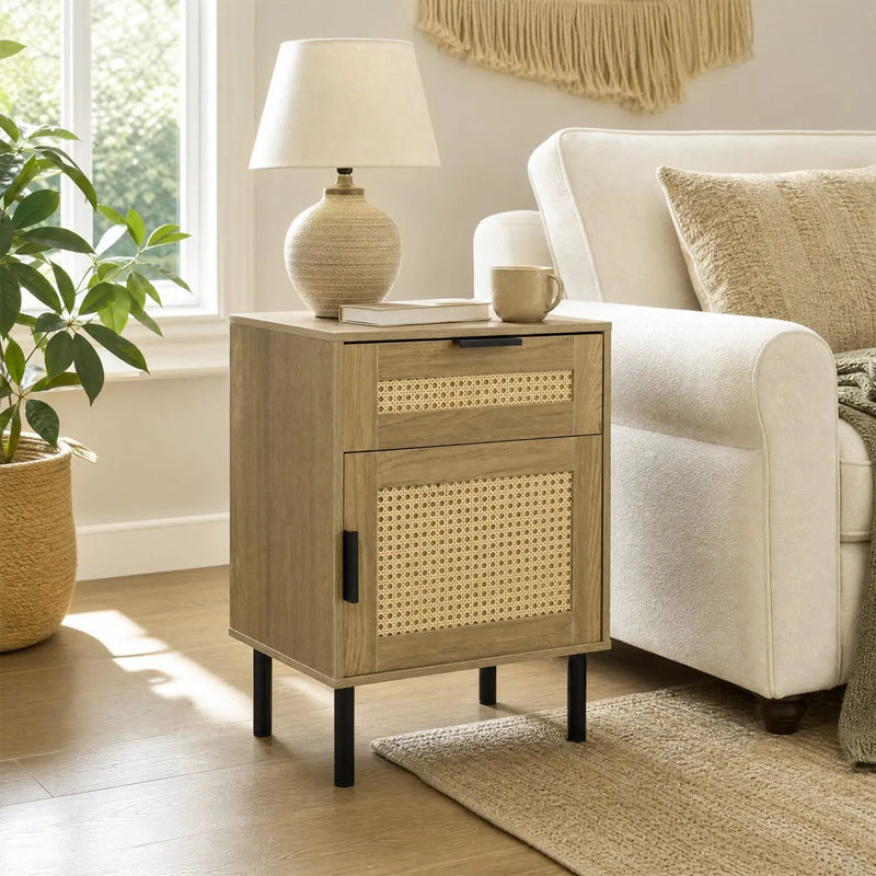 Rattan Nightstand Set of 2 with Drawer and Storage Cabinet by DirectDeals
