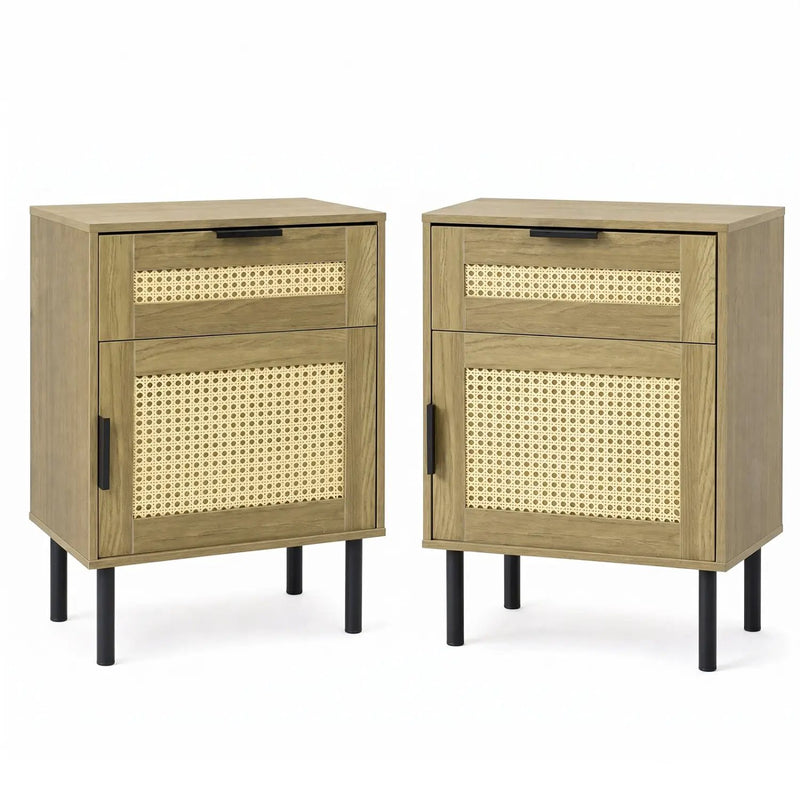 Rattan Nightstand Set of 2 with Drawer and Storage Cabinet by DirectDeals