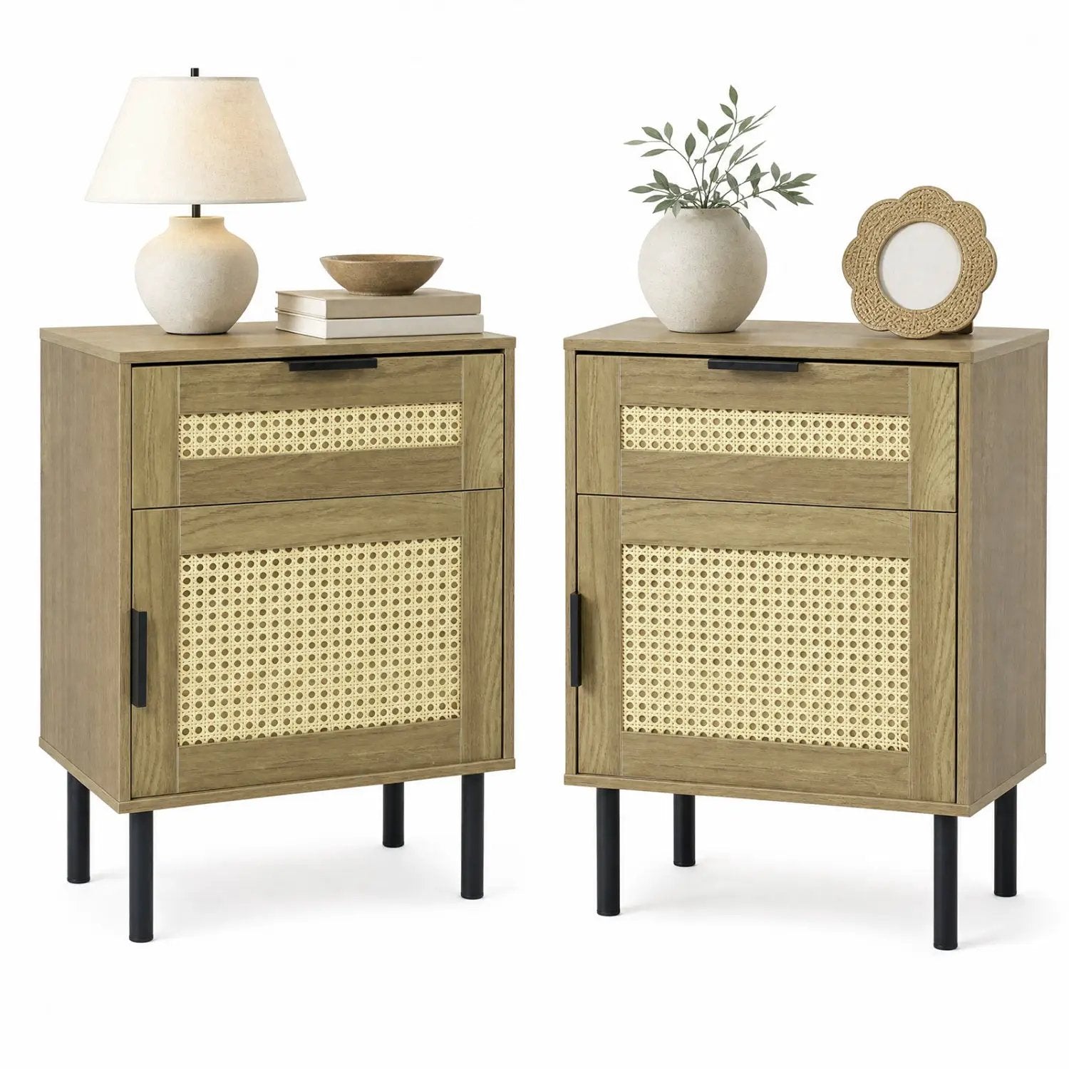 Rattan Nightstand Set of 2 with Drawer and Storage Cabinet by DirectDeals