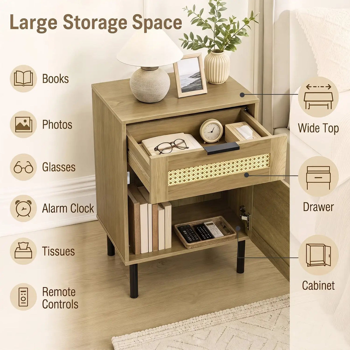 Rattan Nightstand Set of 2 with Drawer and Storage Cabinet by DirectDeals