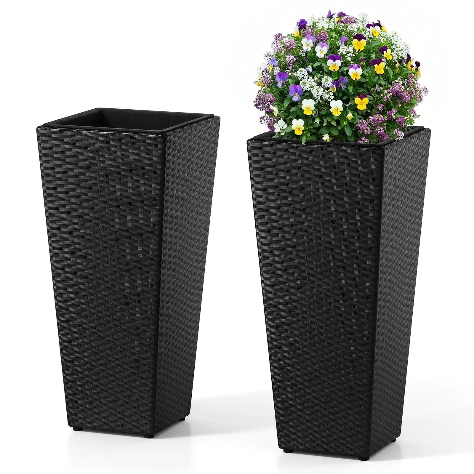 Set of 2 Rattan Tall Plant Pots with Detachable Plastic Liners-Black by DirectDeals