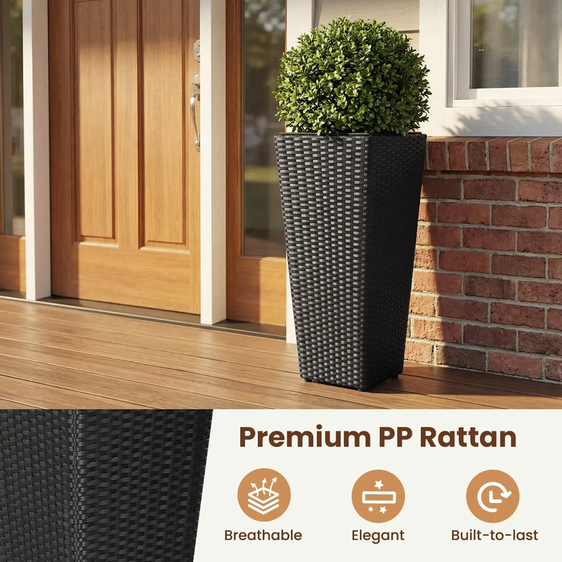 Set of 2 Rattan Tall Plant Pots with Detachable Plastic Liners-Black by DirectDeals
