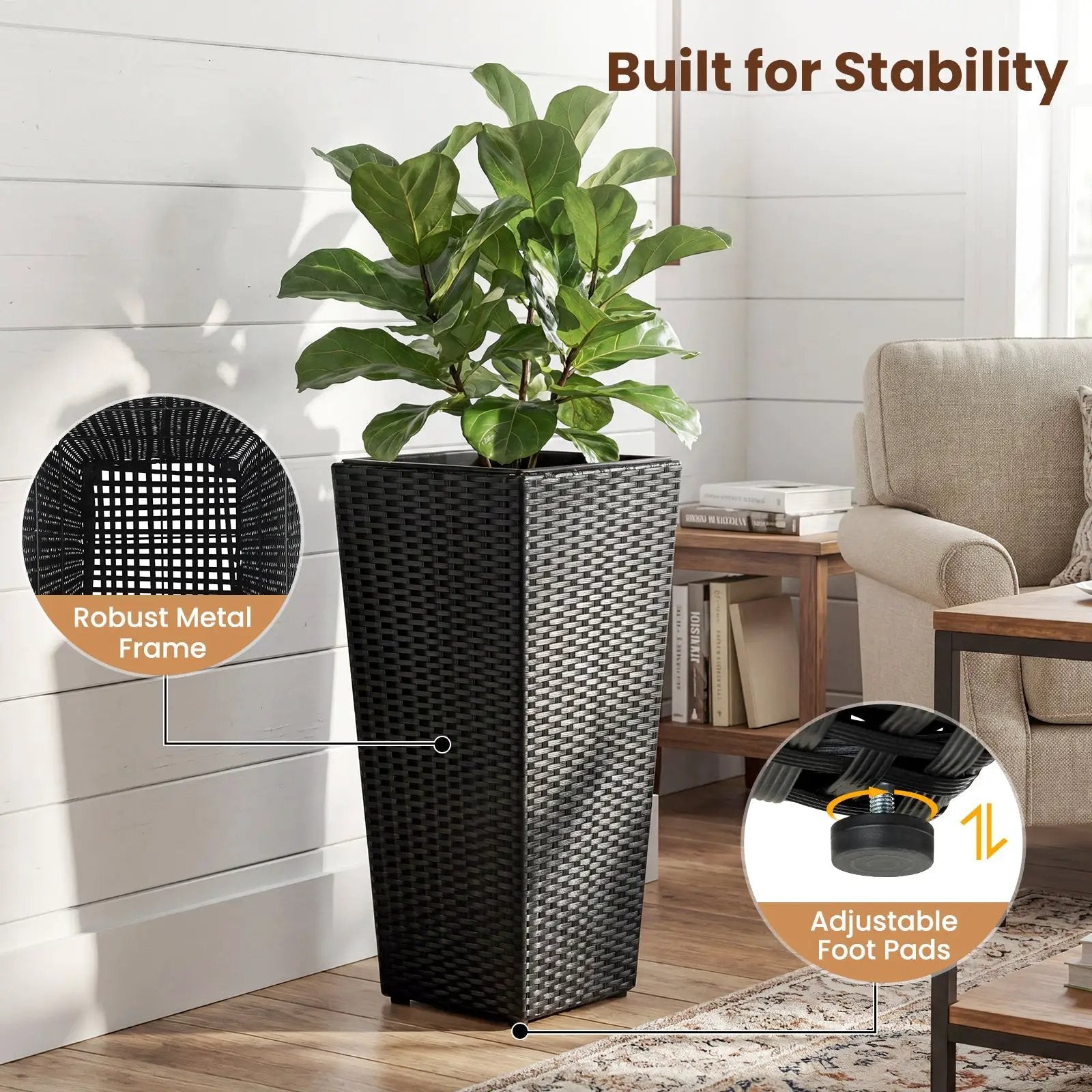 Set of 2 Rattan Tall Plant Pots with Detachable Plastic Liners-Black by DirectDeals