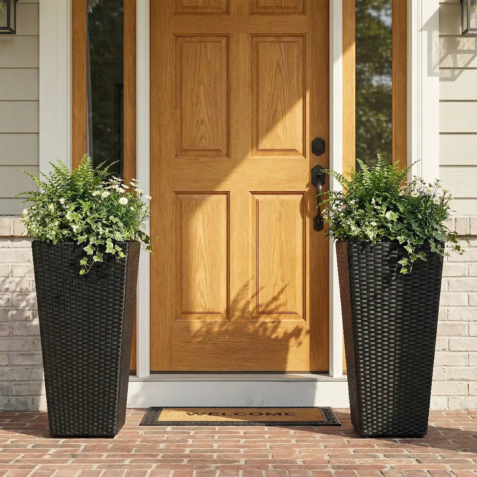 Set of 2 Rattan Tall Plant Pots with Detachable Plastic Liners-Black by DirectDeals
