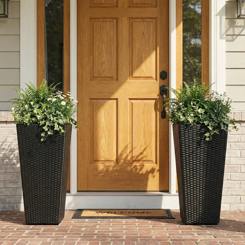Set of 2 Rattan Tall Plant Pots with Detachable Plastic Liners-Black by DirectDeals