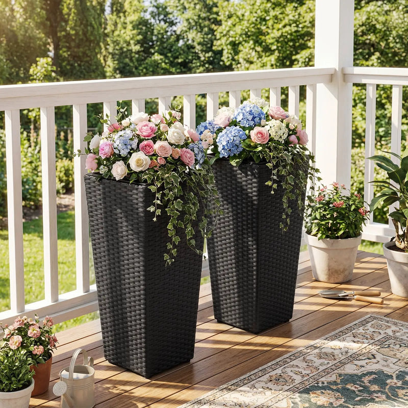 Set of 2 Rattan Tall Plant Pots with Detachable Plastic Liners-Black by DirectDeals
