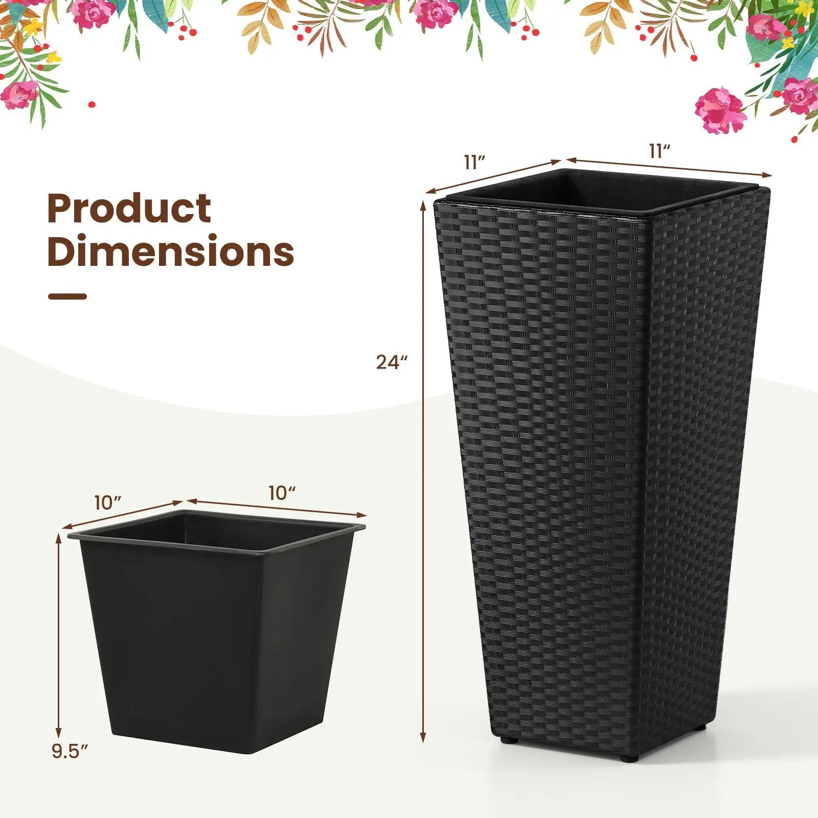 Set of 2 Rattan Tall Plant Pots with Detachable Plastic Liners-Black by DirectDeals