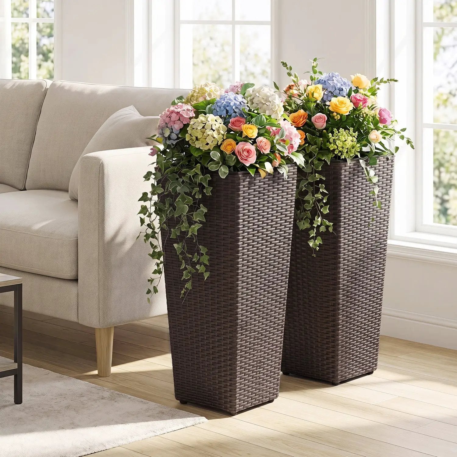 Tall Rattan Plant Pots with Liners - Set of 2 by DirectDeals