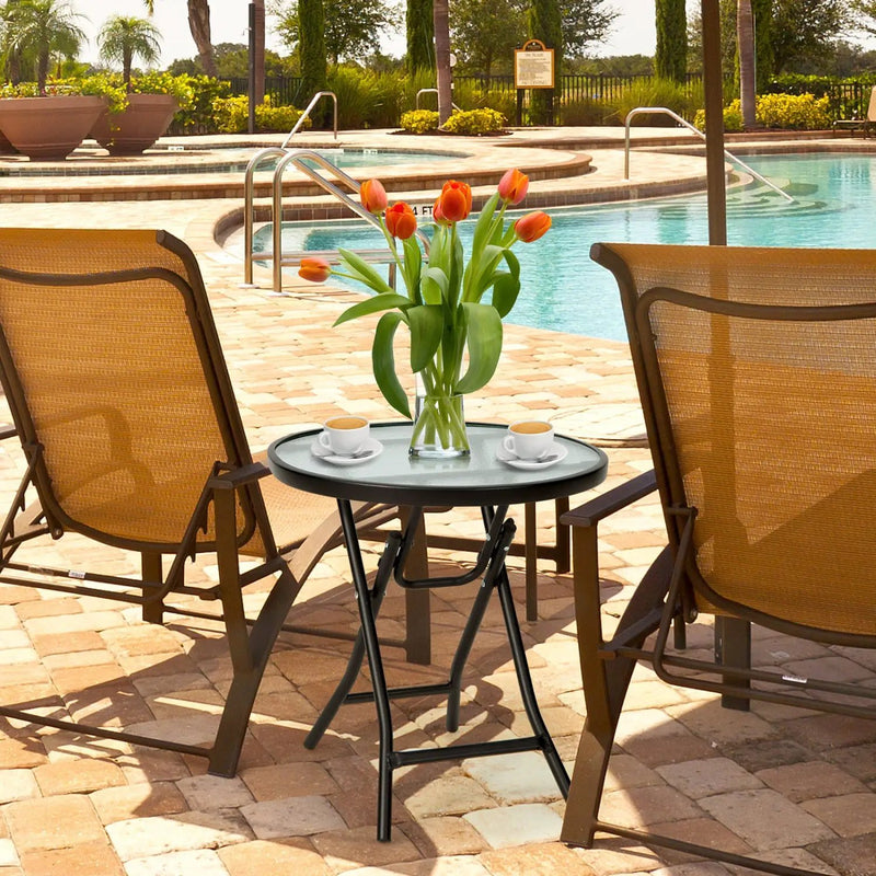 Round Folding Patio Side Tables with Tempered Glass Top by DirectDeals
