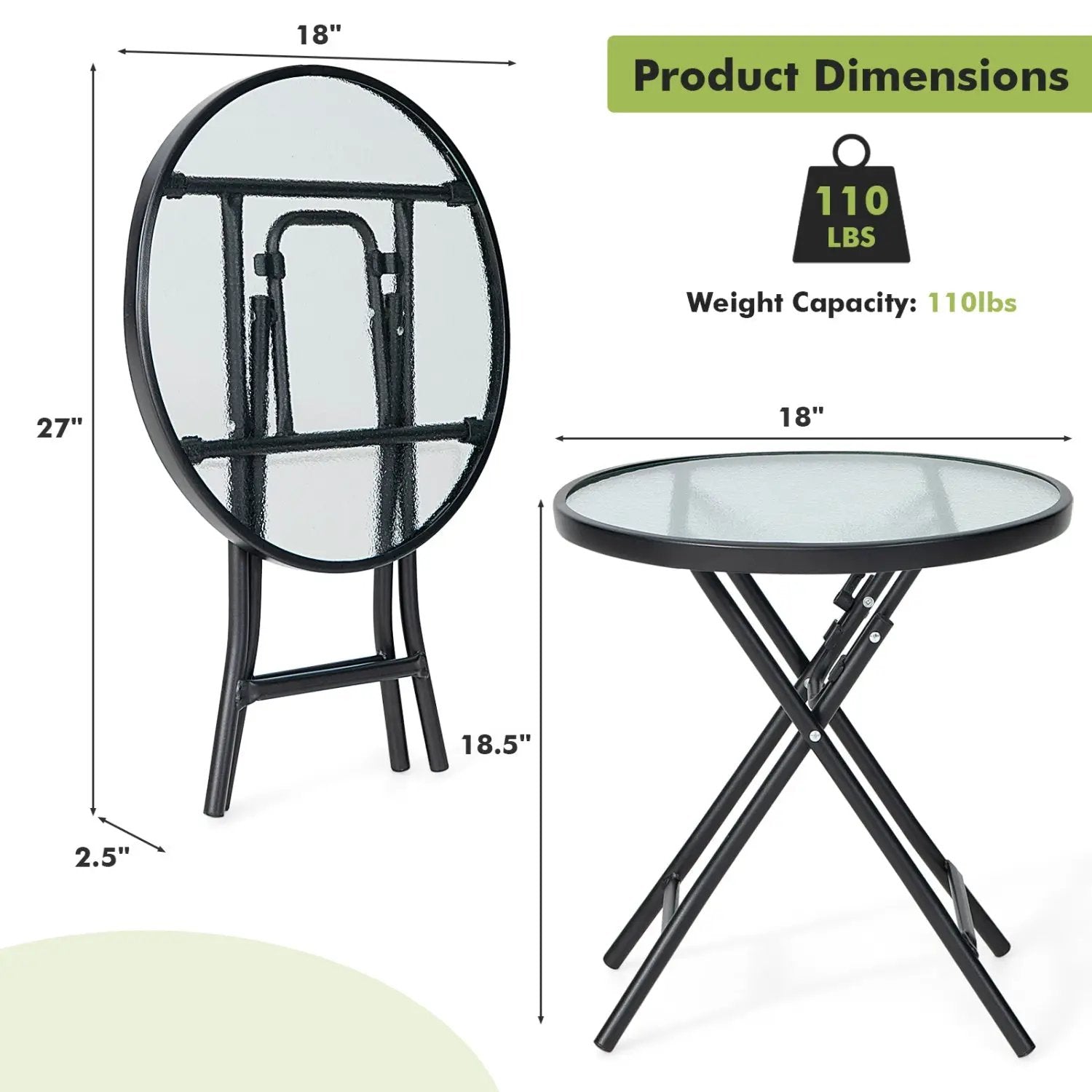 Round Folding Patio Side Tables with Tempered Glass Top by DirectDeals