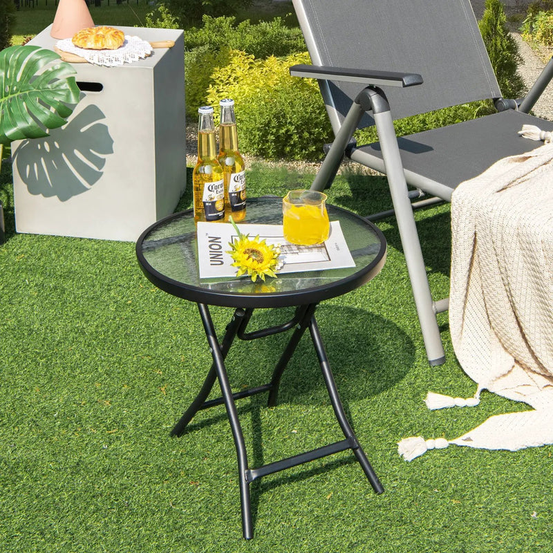 Round Folding Patio Side Tables with Tempered Glass Top by DirectDeals