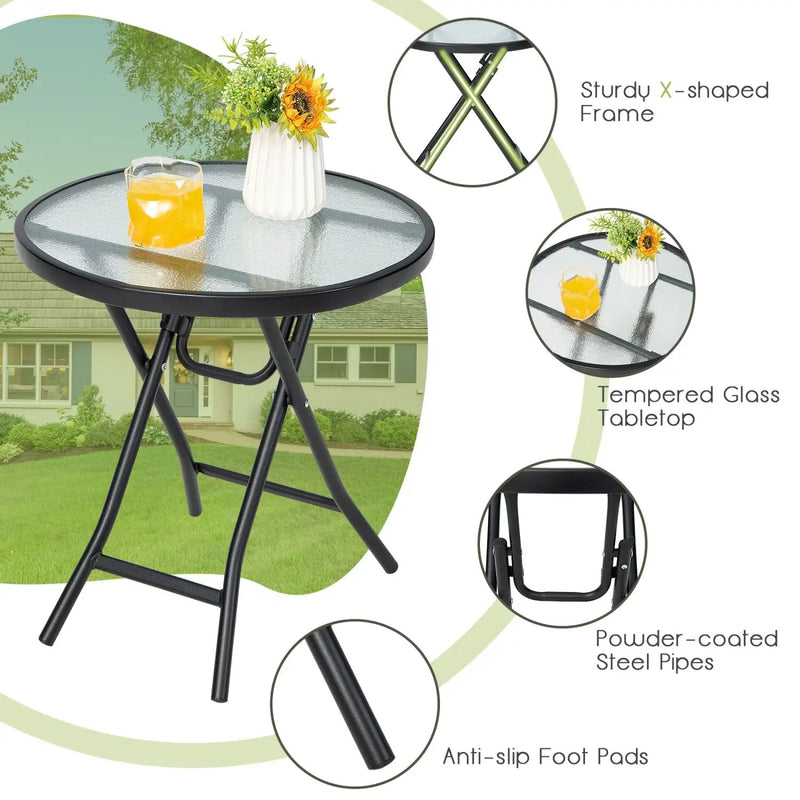 Round Folding Patio Side Tables with Tempered Glass Top by DirectDeals
