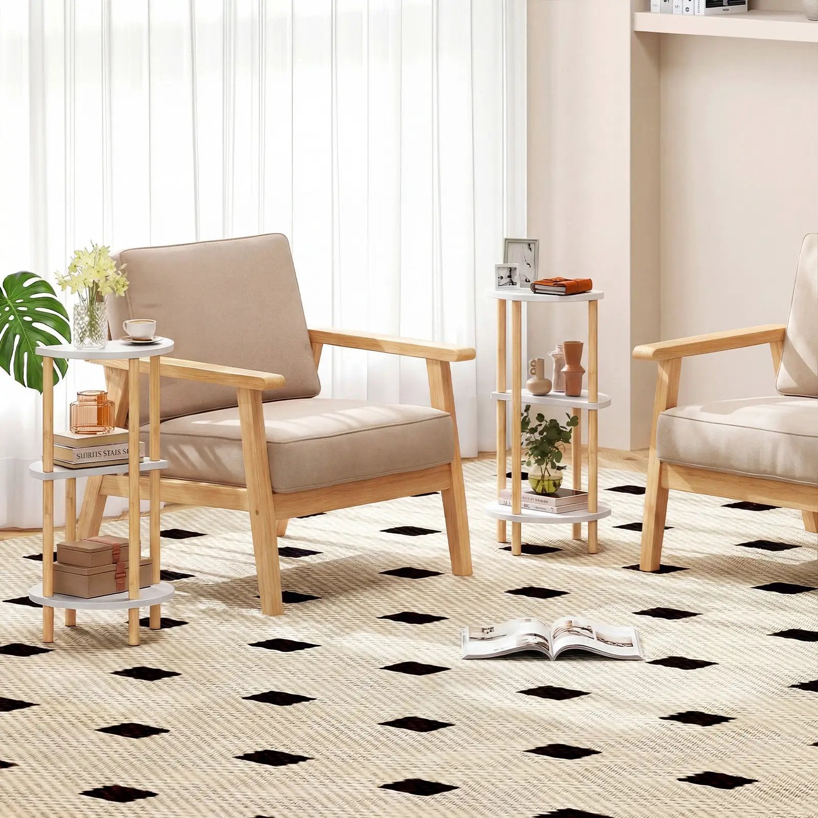 Set of 2 Round Side Table Compact with 3-Tier Shelves and Bamboo Construction-White by DirectDeals