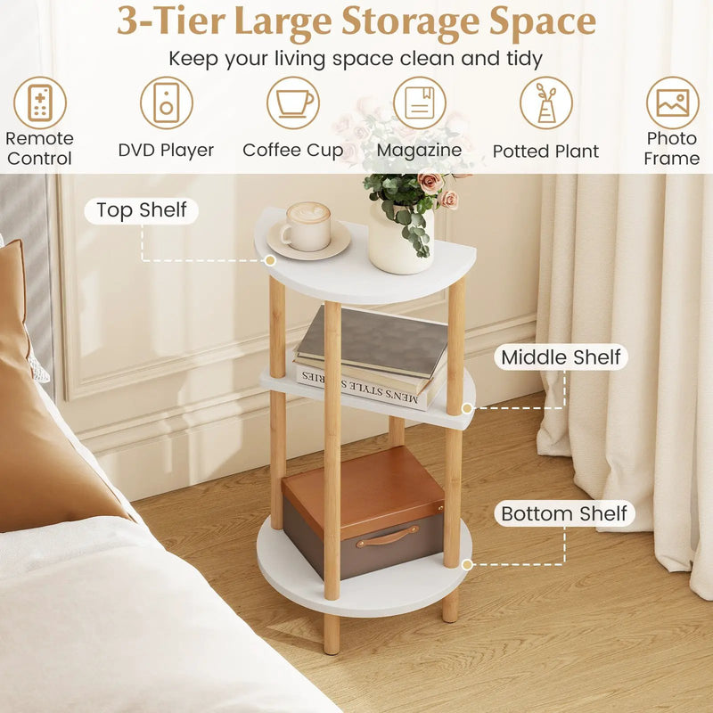 Set of 2 Round Side Table Compact with 3-Tier Shelves and Bamboo Construction-White by DirectDeals