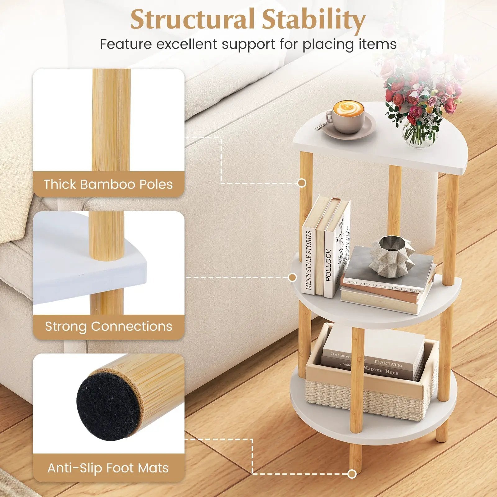 Set of 2 Round Side Table Compact with 3-Tier Shelves and Bamboo Construction-White by DirectDeals