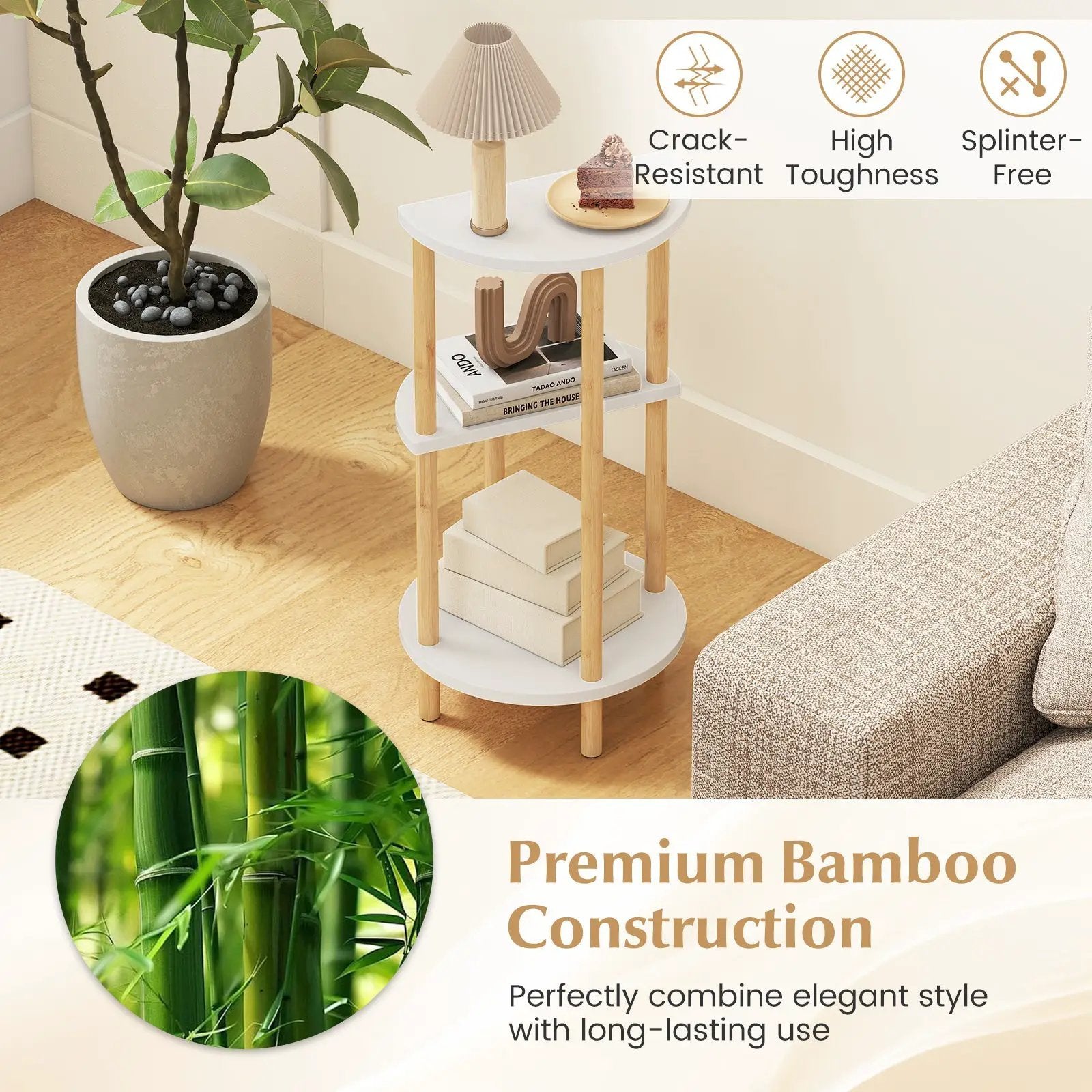 Set of 2 Round Side Table Compact with 3-Tier Shelves and Bamboo Construction-White by DirectDeals