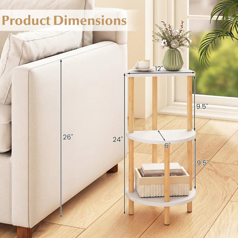 Set of 2 Round Side Table Compact with 3-Tier Shelves and Bamboo Construction-White by DirectDeals