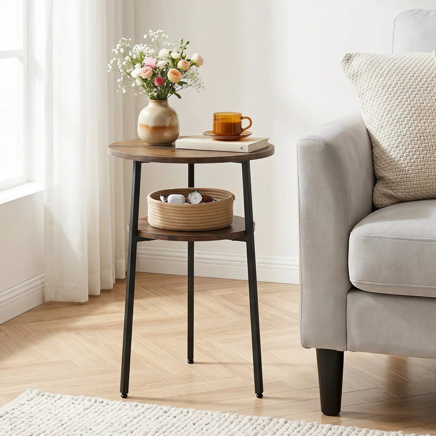 Round Side Table Set with Storage Shelf - Rustic Brown by DirectDeals