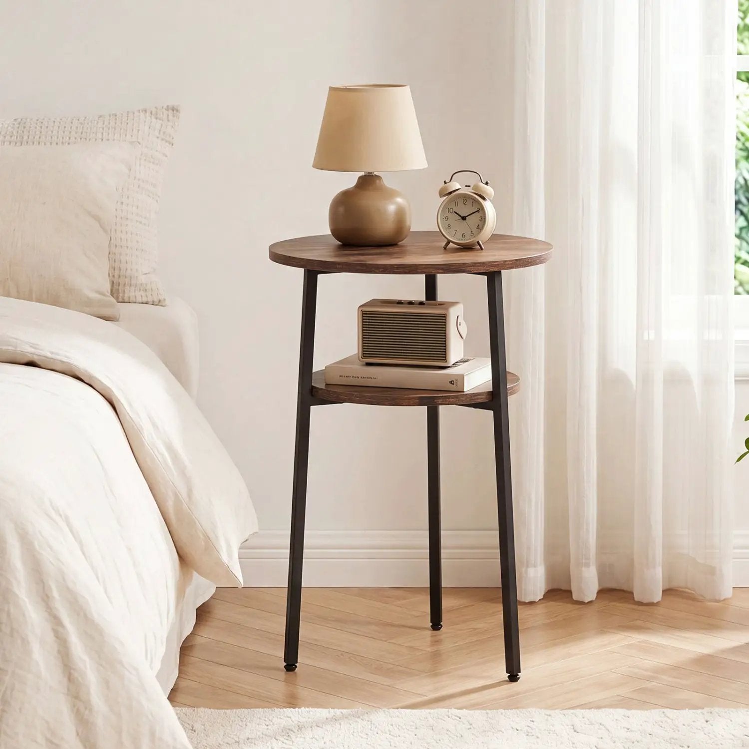 Round Side Table Set with Storage Shelf - Rustic Brown by DirectDeals