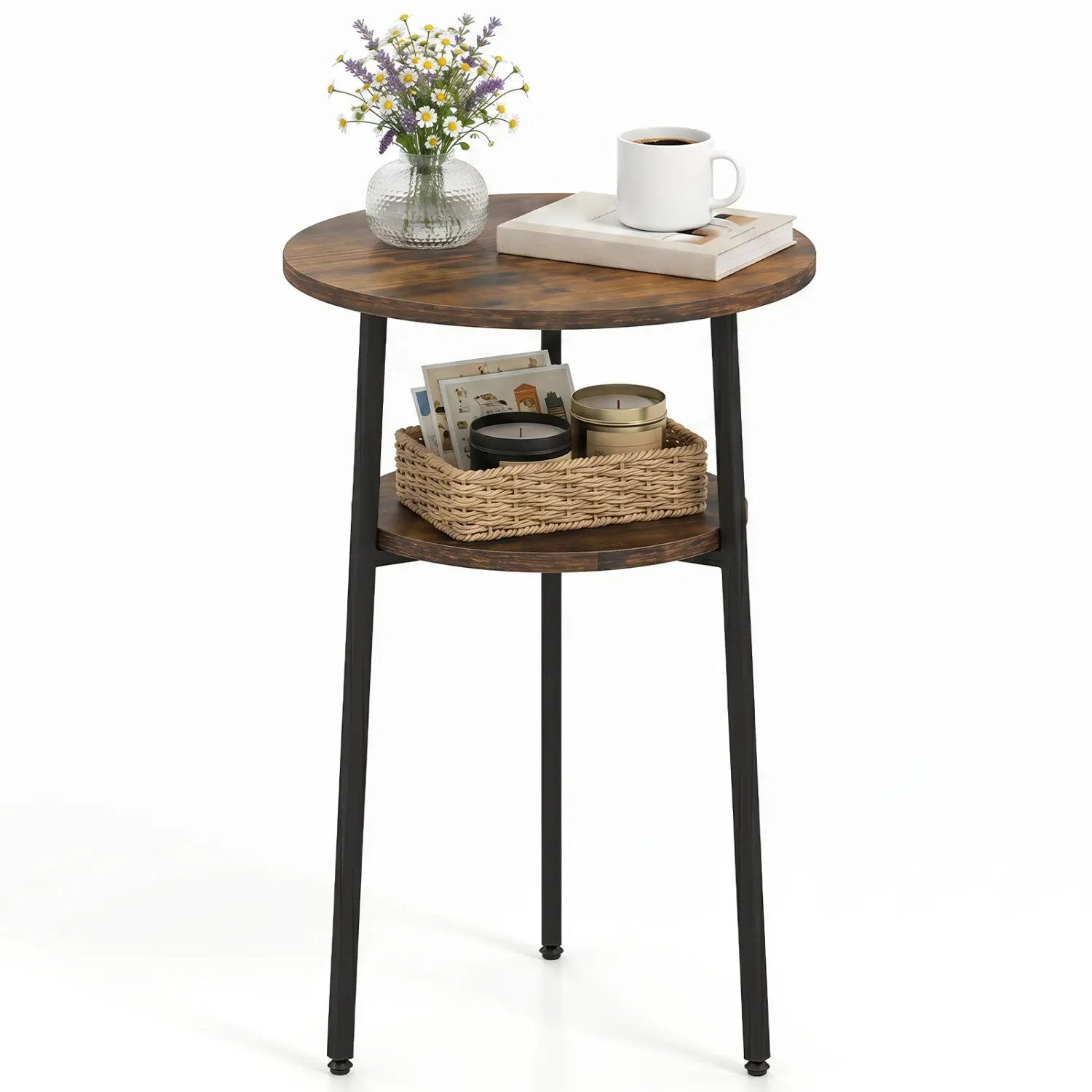 Round Side Table Set with Storage Shelf - Rustic Brown by DirectDeals