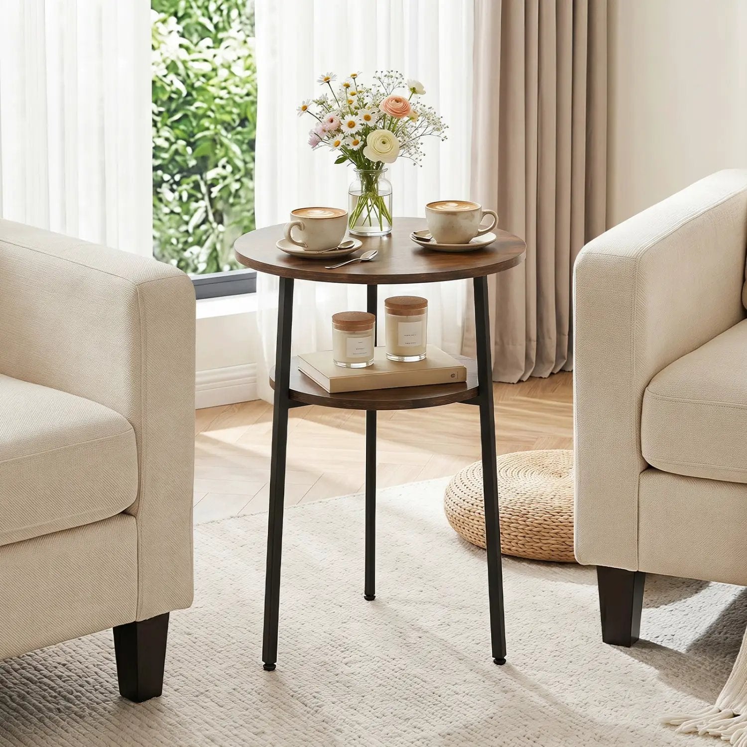 Round Side Table Set with Storage Shelf - Rustic Brown by DirectDeals