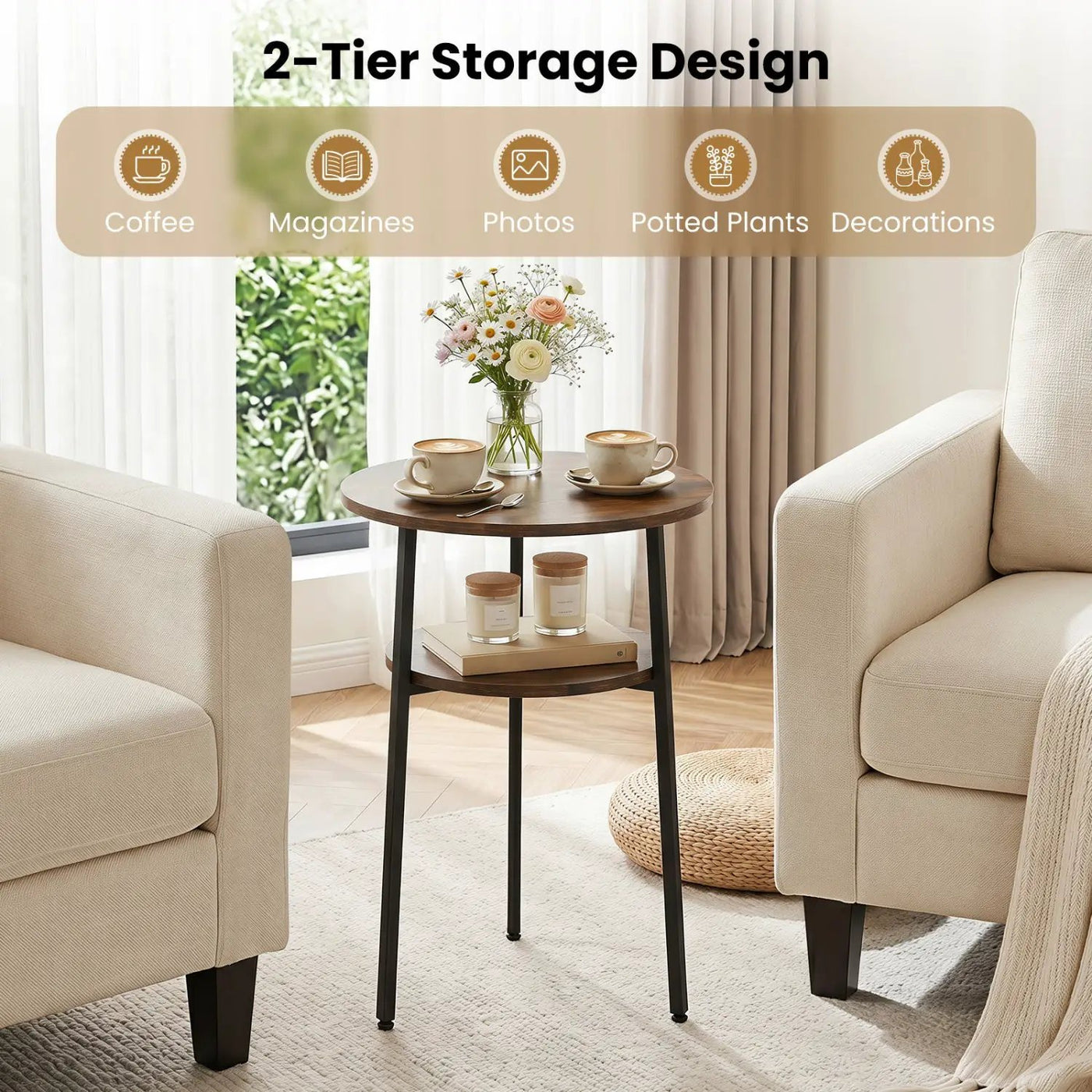 Round Side Table Set with Storage Shelf - Rustic Brown by DirectDeals