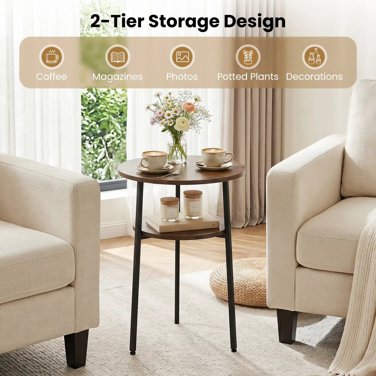 Round Side Table Set with Storage Shelf - Rustic Brown by DirectDeals