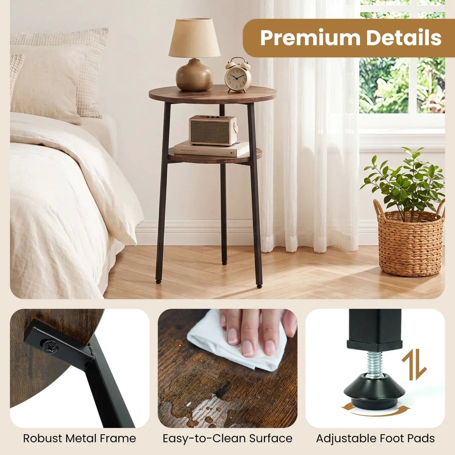 Round Side Table Set with Storage Shelf - Rustic Brown by DirectDeals