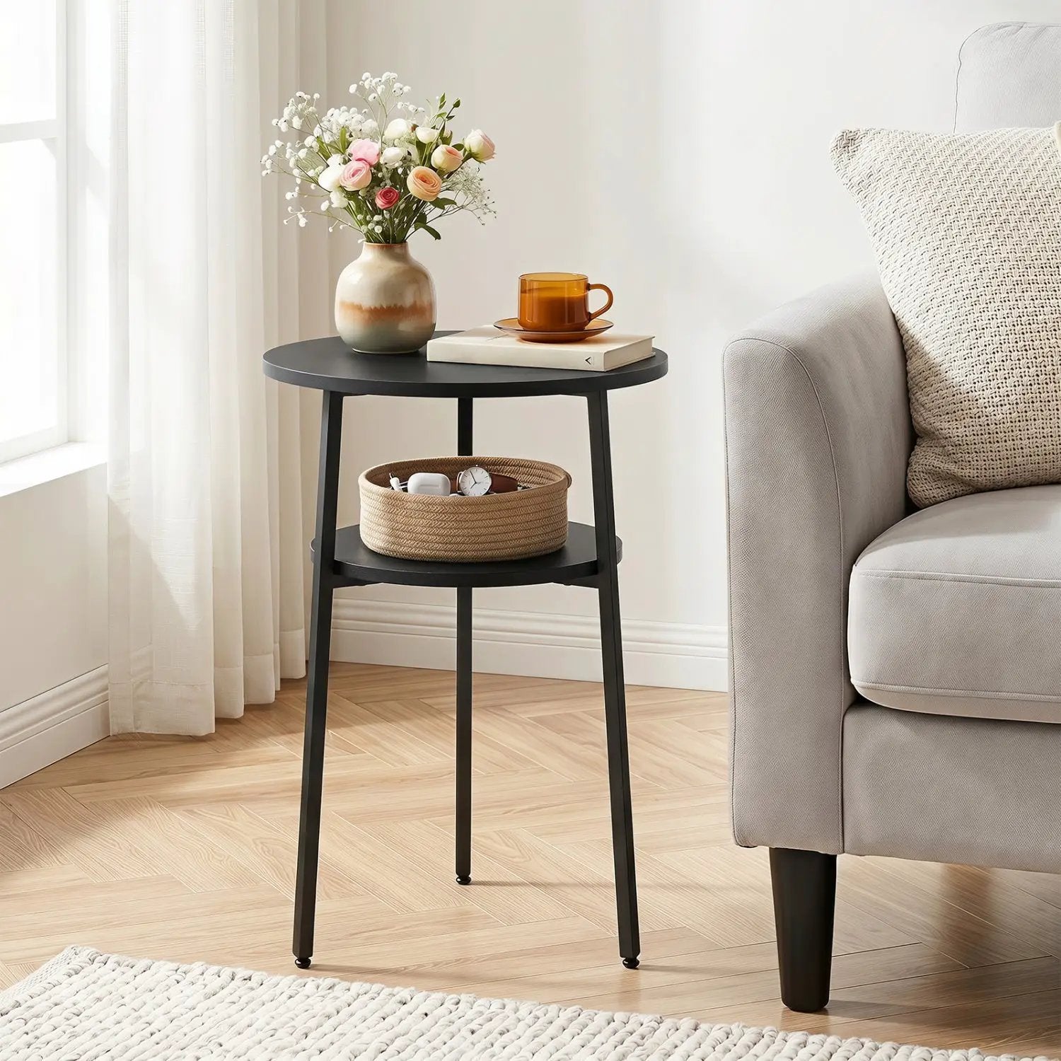 Round Side Table Set with Storage Shelf - Rustic Brown by DirectDeals