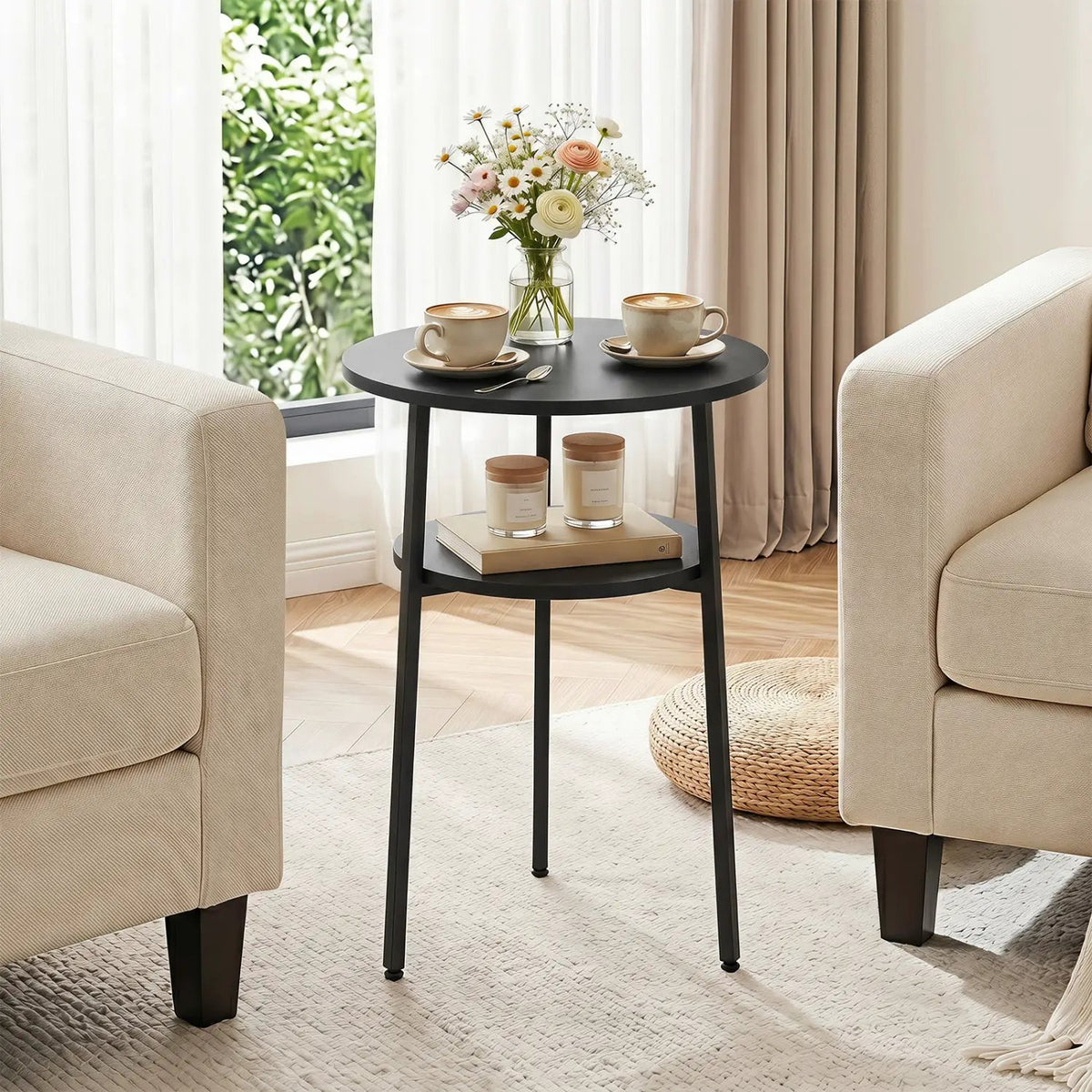 Round Side Table Set with Storage Shelf - Rustic Brown by DirectDeals