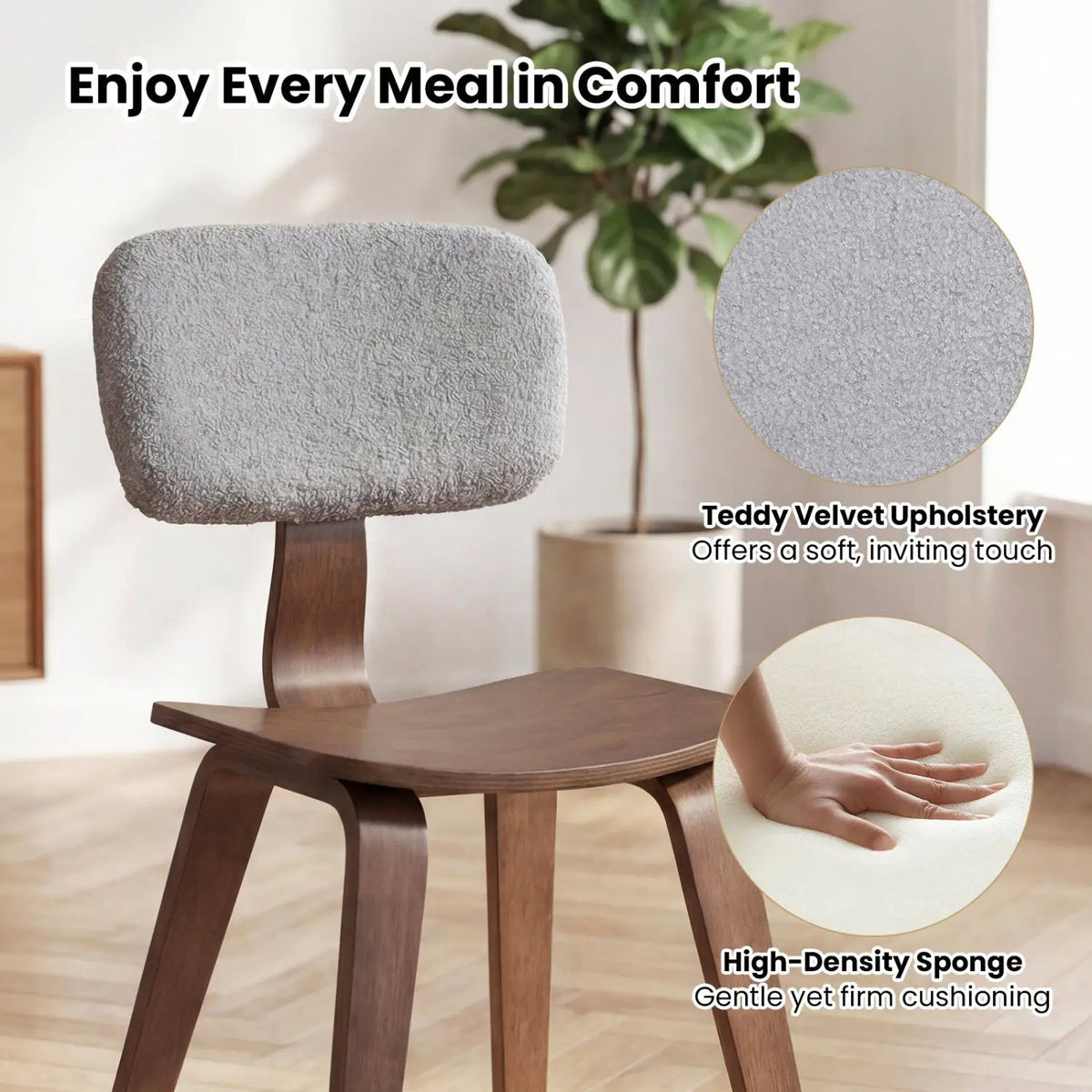 Set of 2 Rubber Wood Dining Room Chairs with Teddy Velvet Padded Backrest, photo 13 of 16