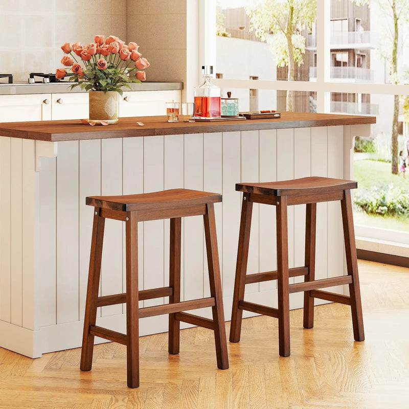 Set of 2 Saddle-Seat Counter Height Stools with Curved Seat and Footrests-Walnut by DirectDeals