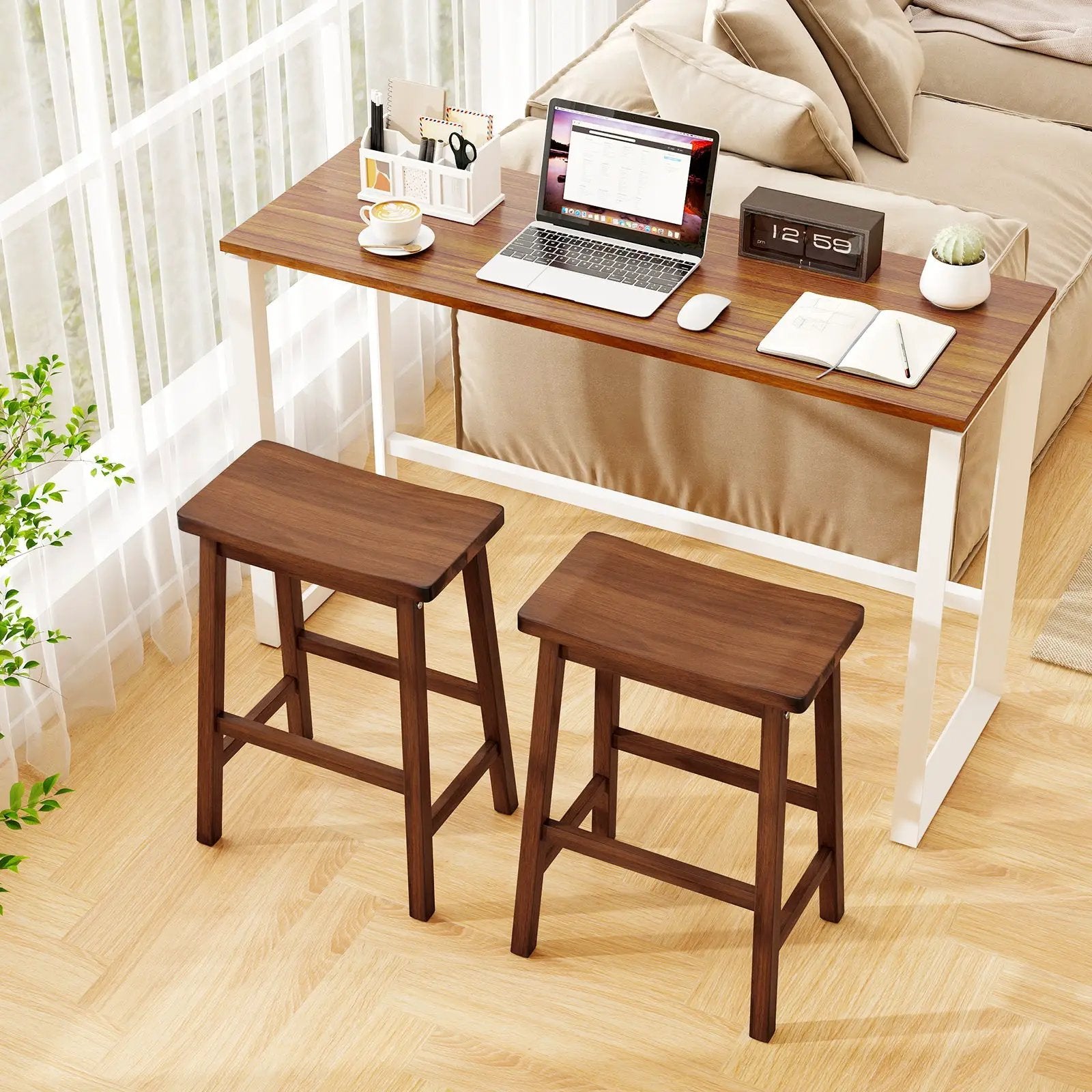 Set of 2 Saddle-Seat Counter Height Stools with Curved Seat and Footrests-Walnut by DirectDeals