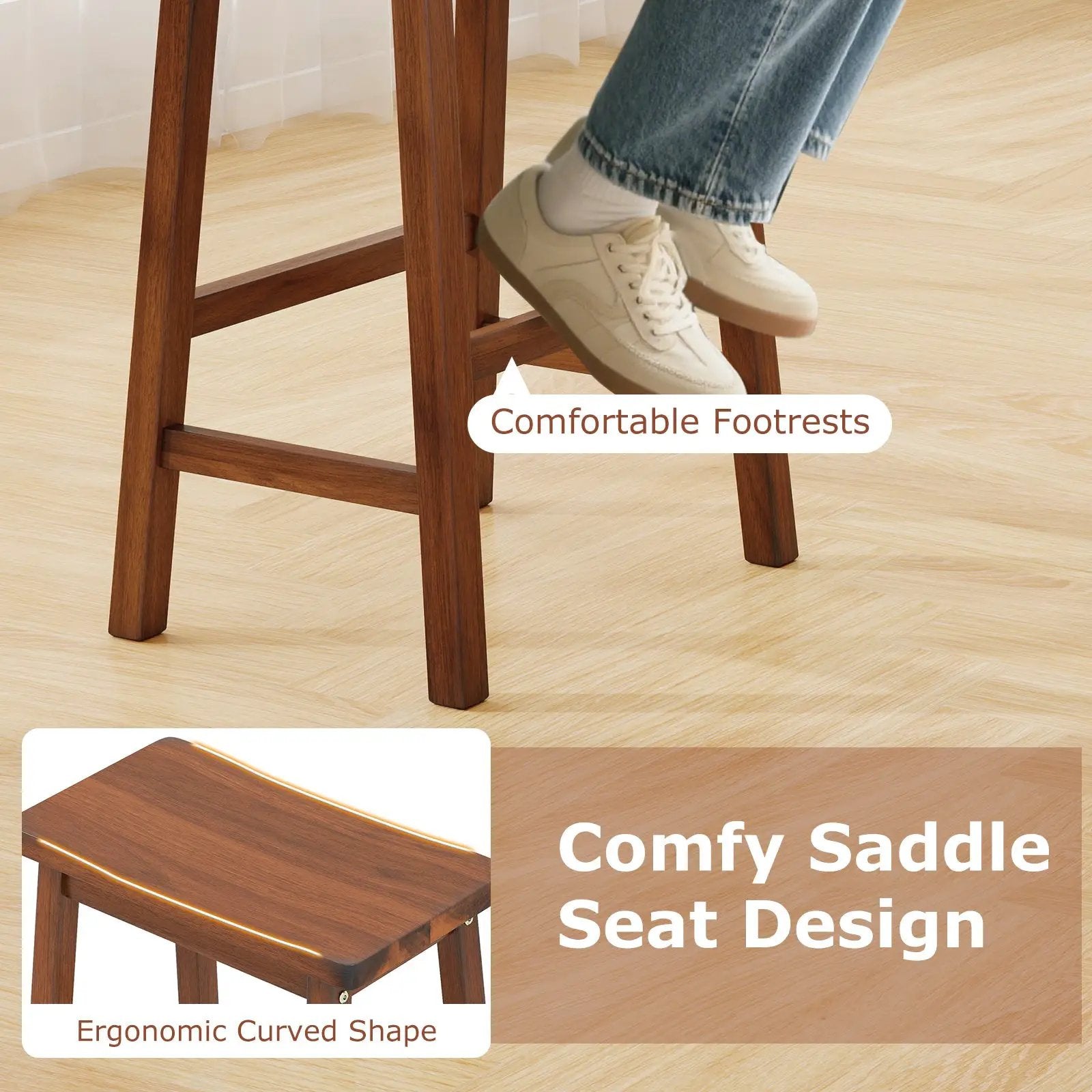 Set of 2 Saddle-Seat Counter Height Stools with Curved Seat and Footrests-Walnut by DirectDeals
