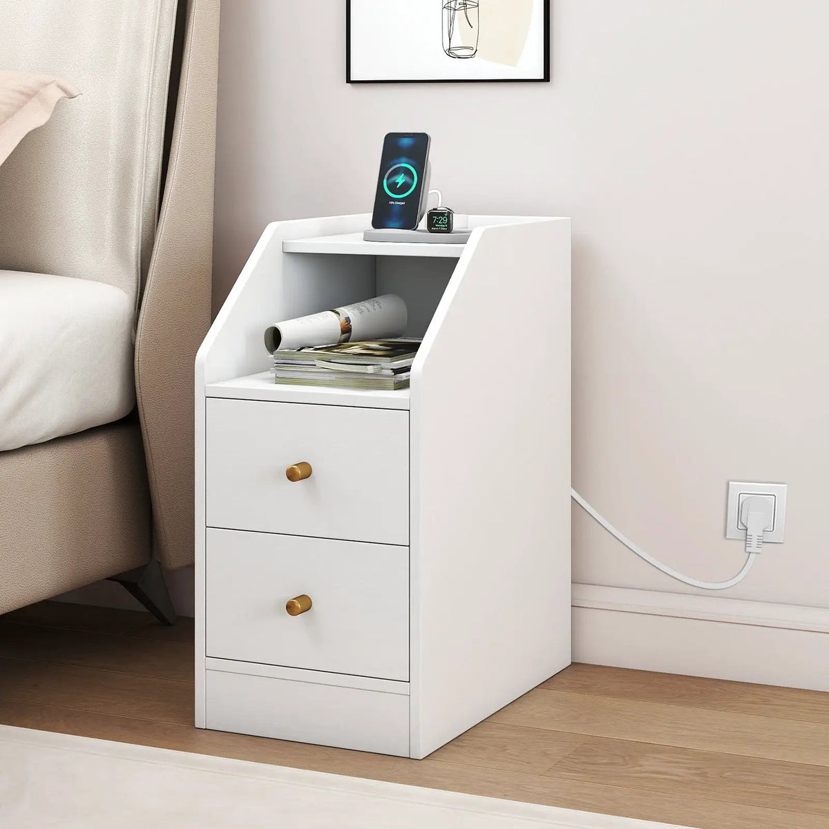 Set of 2 Side End Tables with Charging Station Sofa Couch Tables with Shelf Drawers, photo 8 of 24