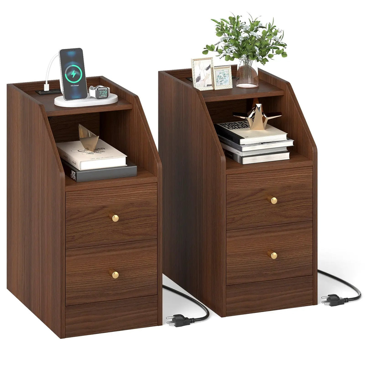 Set of 2 Side End Tables with Charging Station Sofa Couch Tables with Shelf Drawers, photo 21 of 24