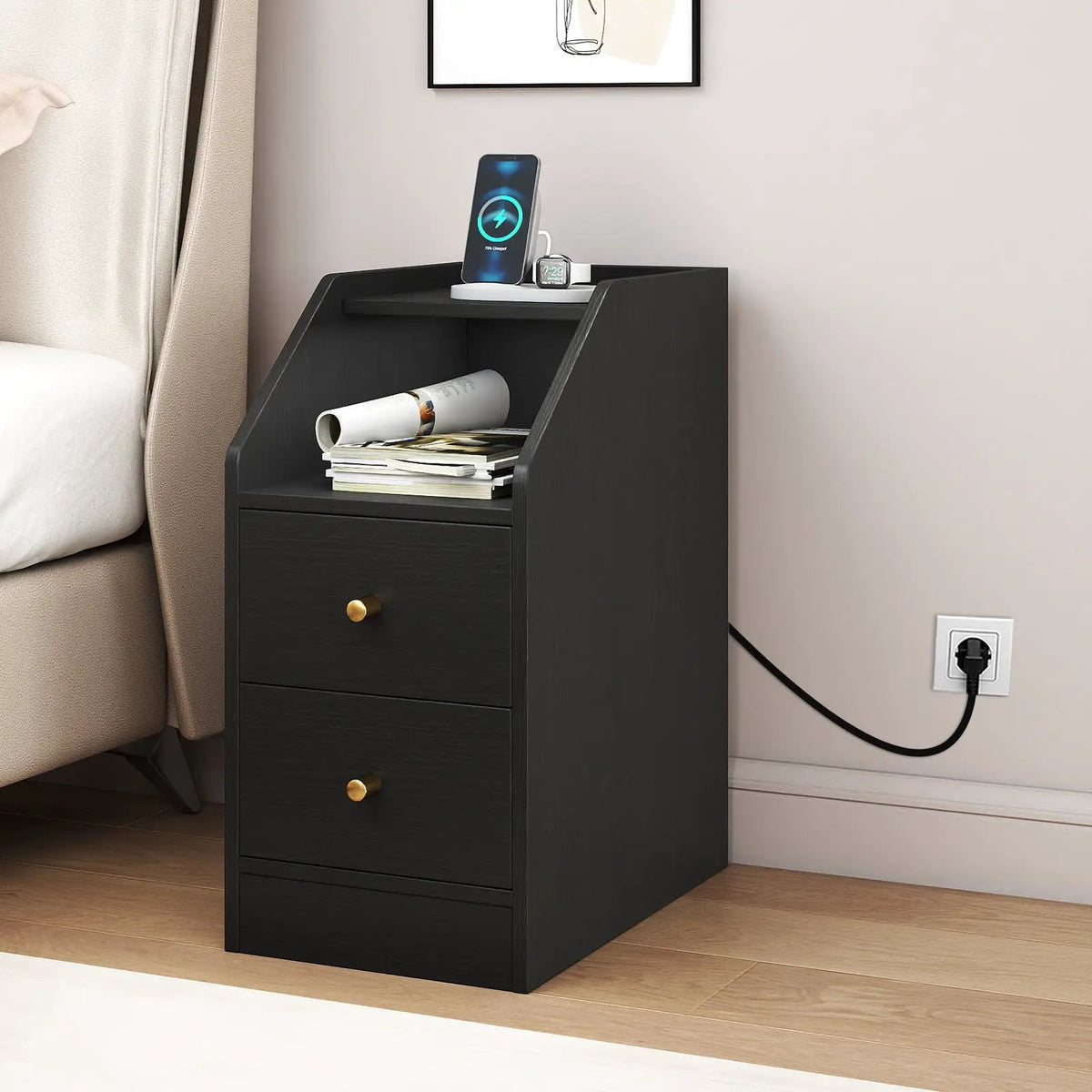 Set of 2 Side End Tables with Charging Station Sofa Couch Tables with Shelf Drawers, photo 9 of 24