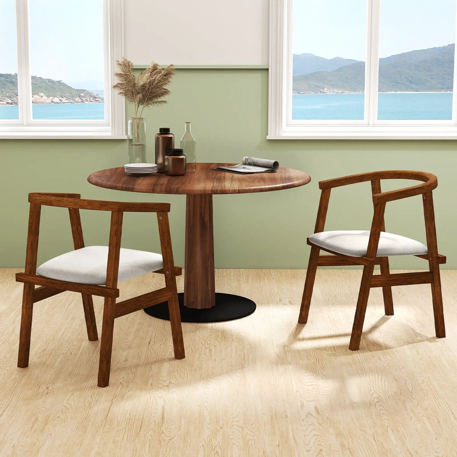 Set of 2 Solid Rubber Wood Dining Room Chairs with Wrap-around Armrest-Walnut by DirectDeals