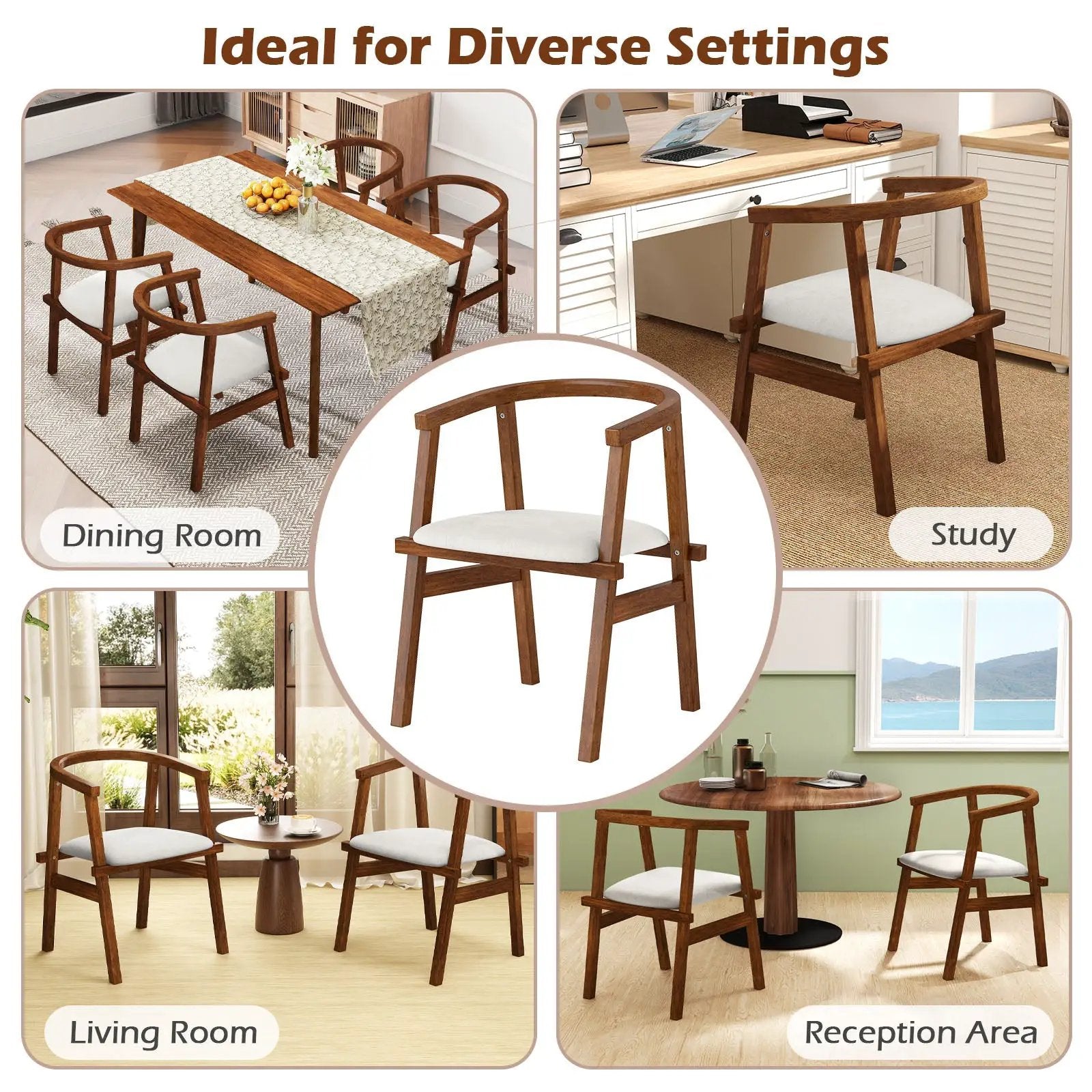 Set of 2 Solid Rubber Wood Dining Room Chairs with Wrap-around Armrest-Walnut by DirectDeals