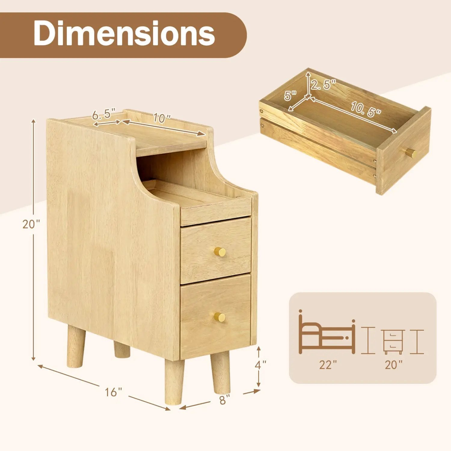 Set of 2 Solid Wood Night Side Table with Pull-out Tray and 2 Storage Drawers by DirectDeals