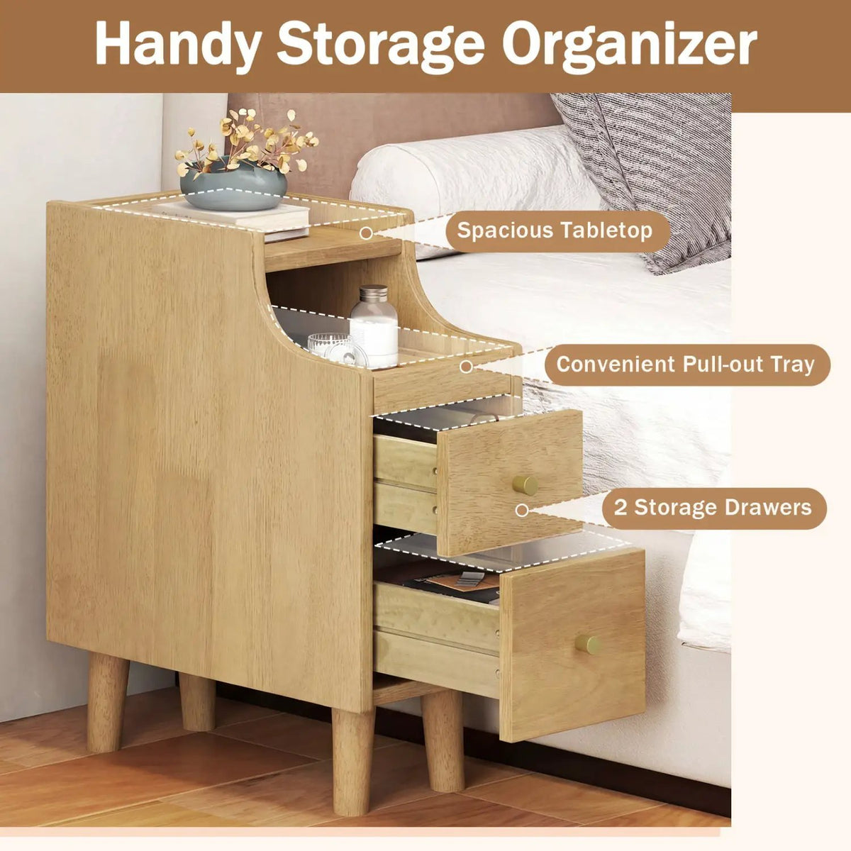 Set of 2 Solid Wood Night Side Table with Pull-out Tray and 2 Storage Drawers, photo 4 of 16