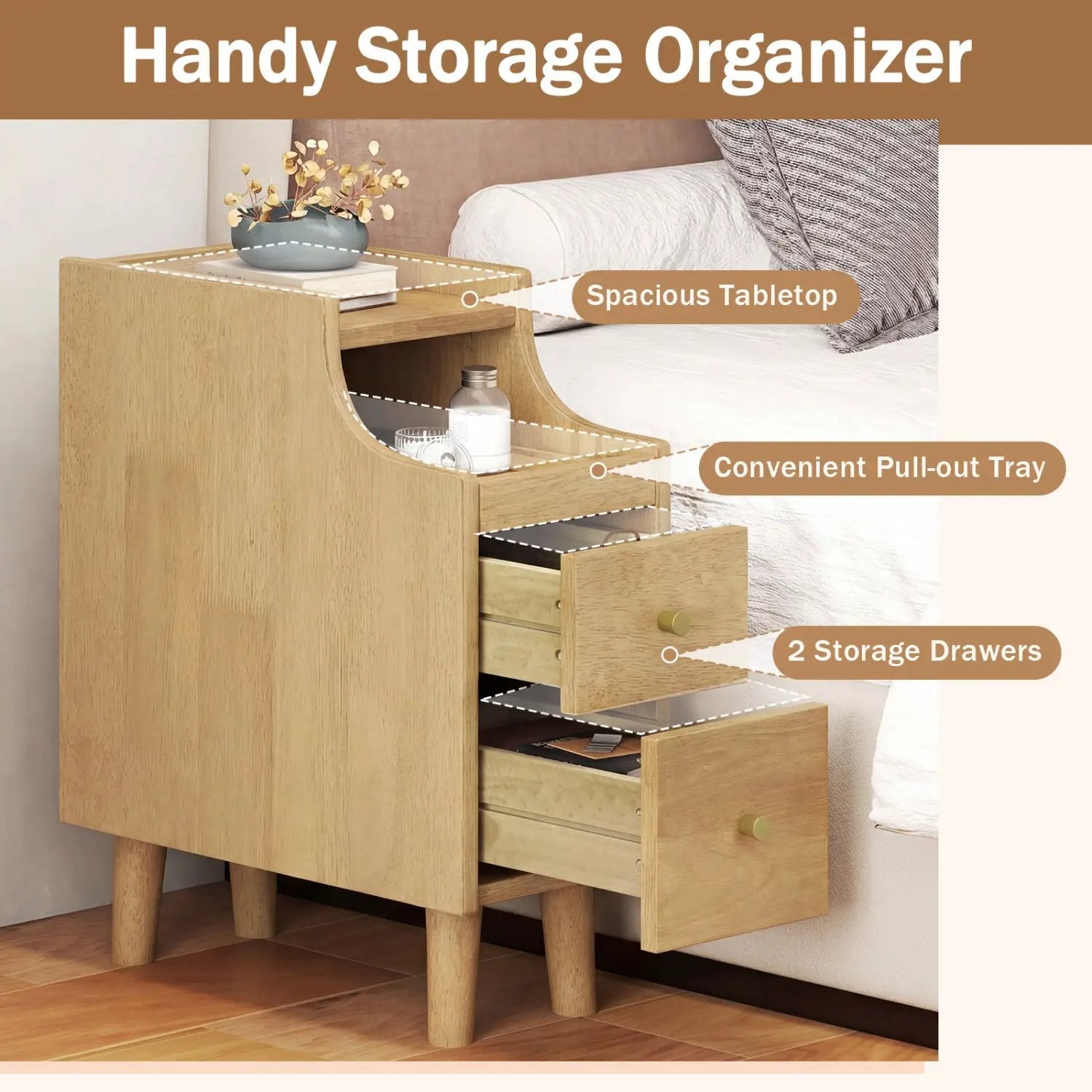 Set of 2 Solid Wood Night Side Table with Pull-out Tray and 2 Storage Drawers by DirectDeals