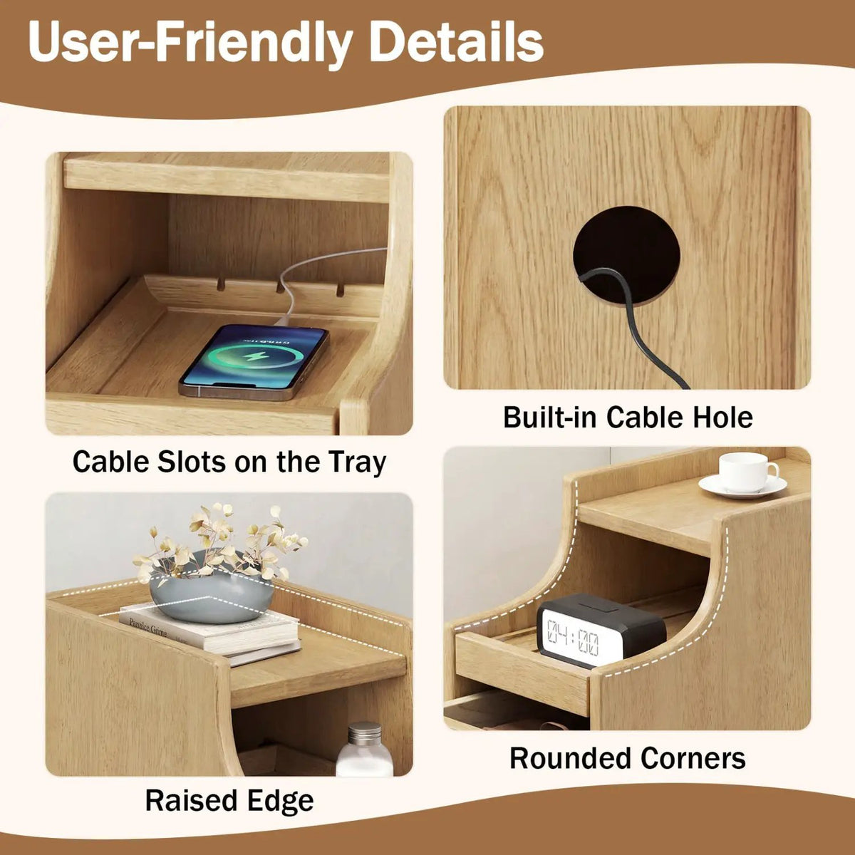 Set of 2 Solid Wood Night Side Table with Pull-out Tray and 2 Storage Drawers, photo 6 of 16