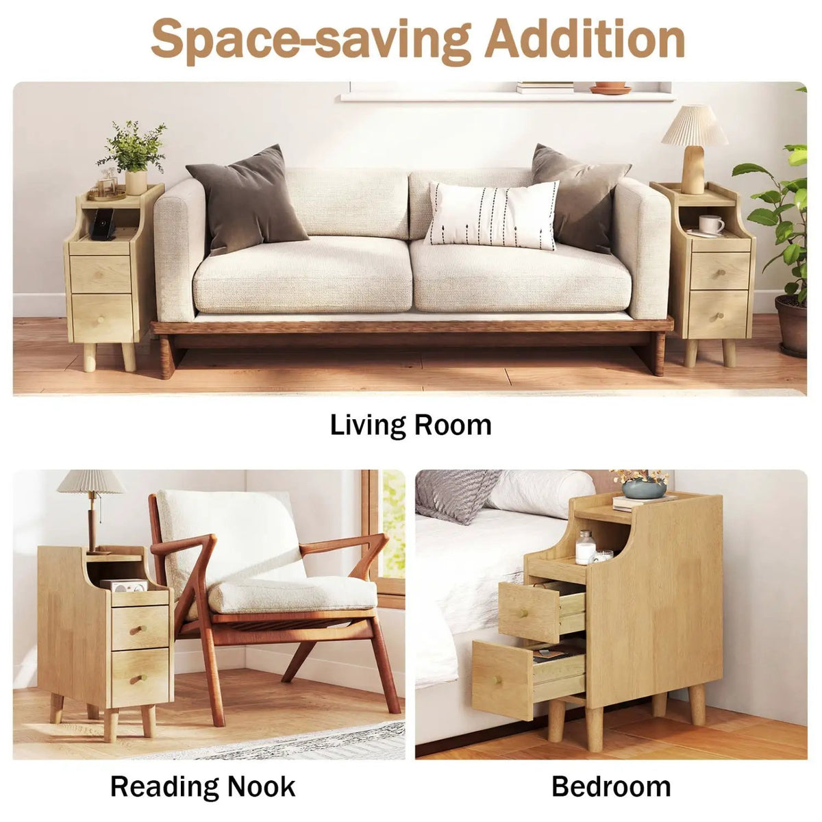 Set of 2 Solid Wood Night Side Table with Pull-out Tray and 2 Storage Drawers, photo 7 of 16
