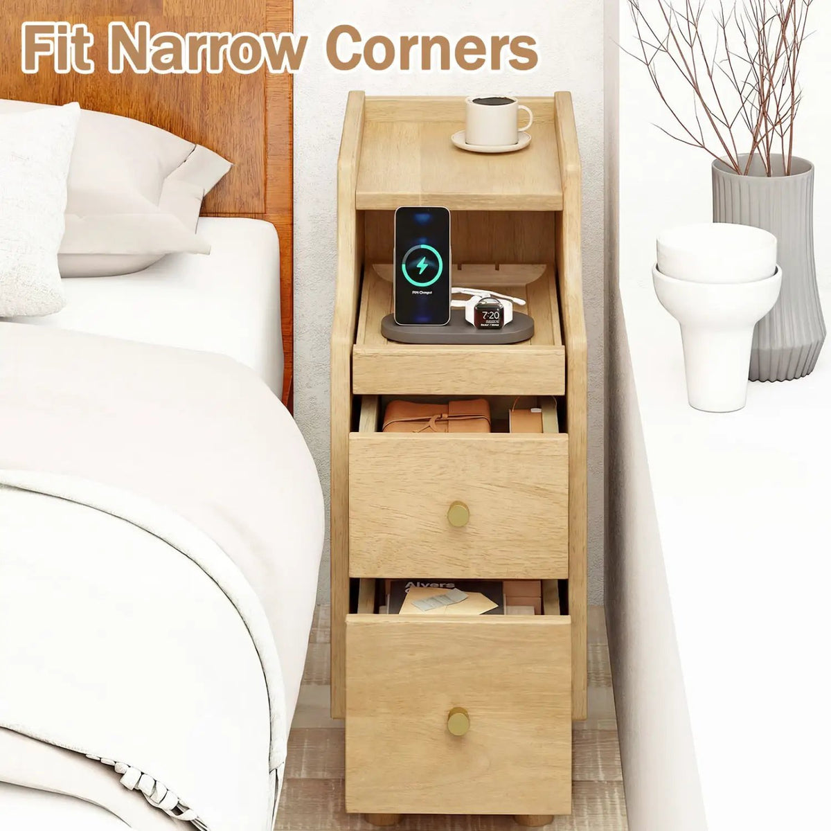 Set of 2 Solid Wood Night Side Table with Pull-out Tray and 2 Storage Drawers, photo 8 of 16