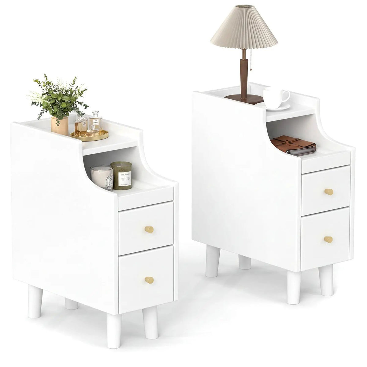 Set of 2 Solid Wood Night Side Table with Pull-out Tray and 2 Storage Drawers, photo 10 of 16