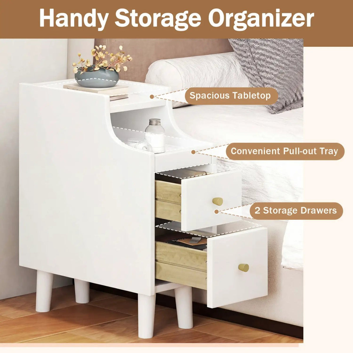 Set of 2 Solid Wood Night Side Table with Pull-out Tray and 2 Storage Drawers, photo 11 of 16
