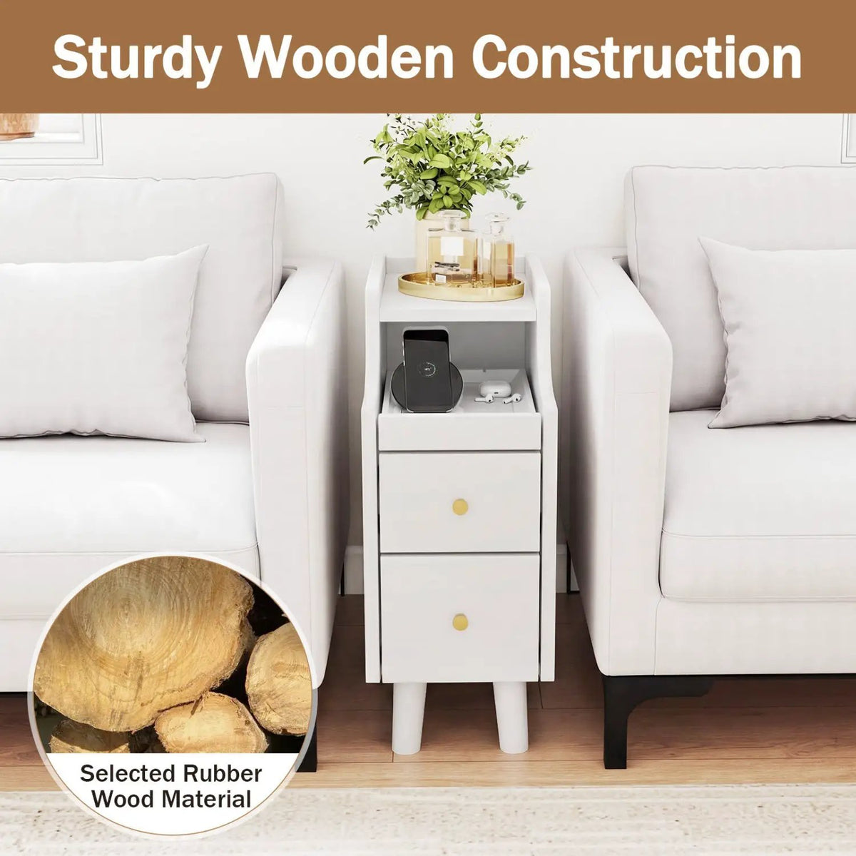 Set of 2 Solid Wood Night Side Table with Pull-out Tray and 2 Storage Drawers, photo 12 of 16