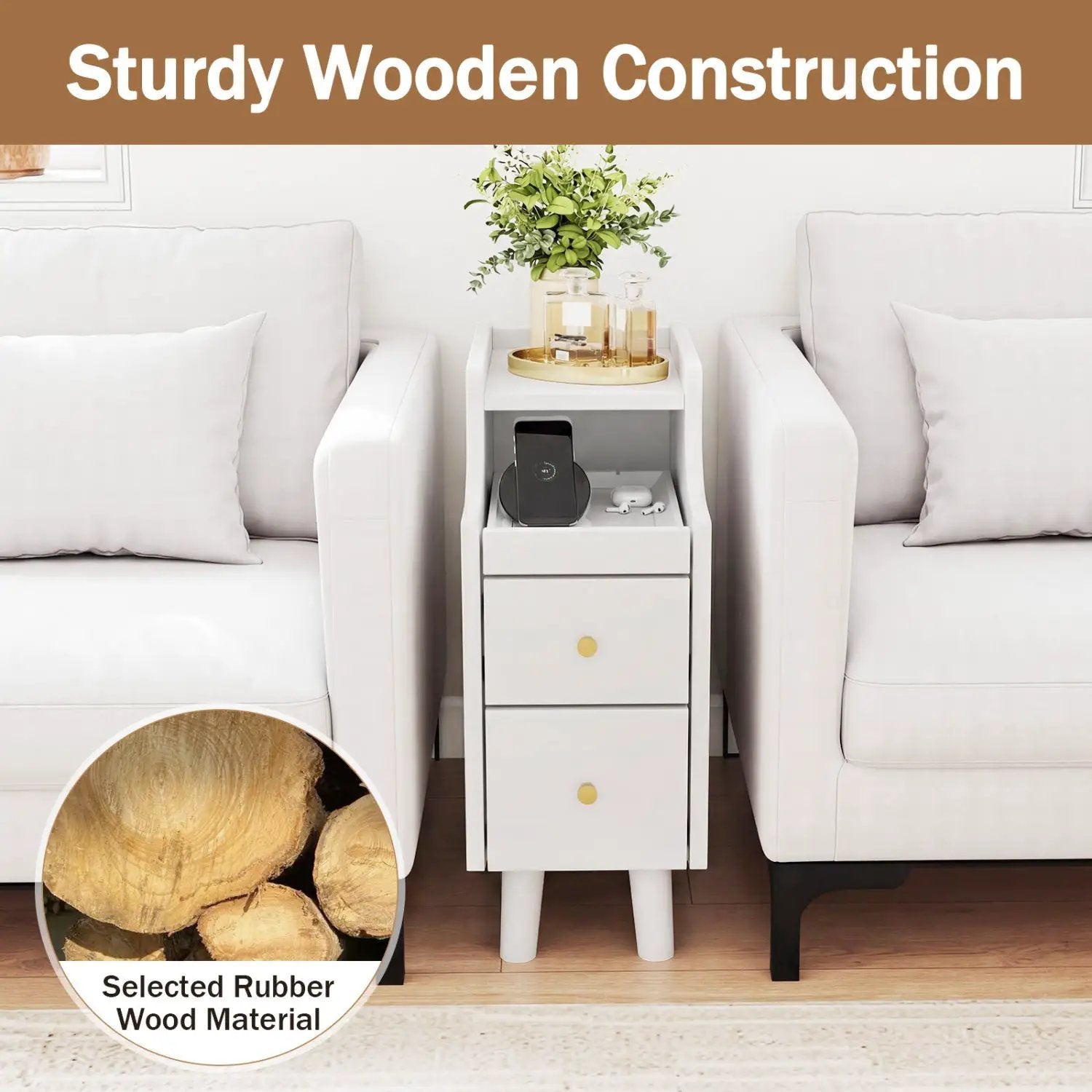 Set of 2 Solid Wood Night Side Table with Pull-out Tray and 2 Storage Drawers by DirectDeals