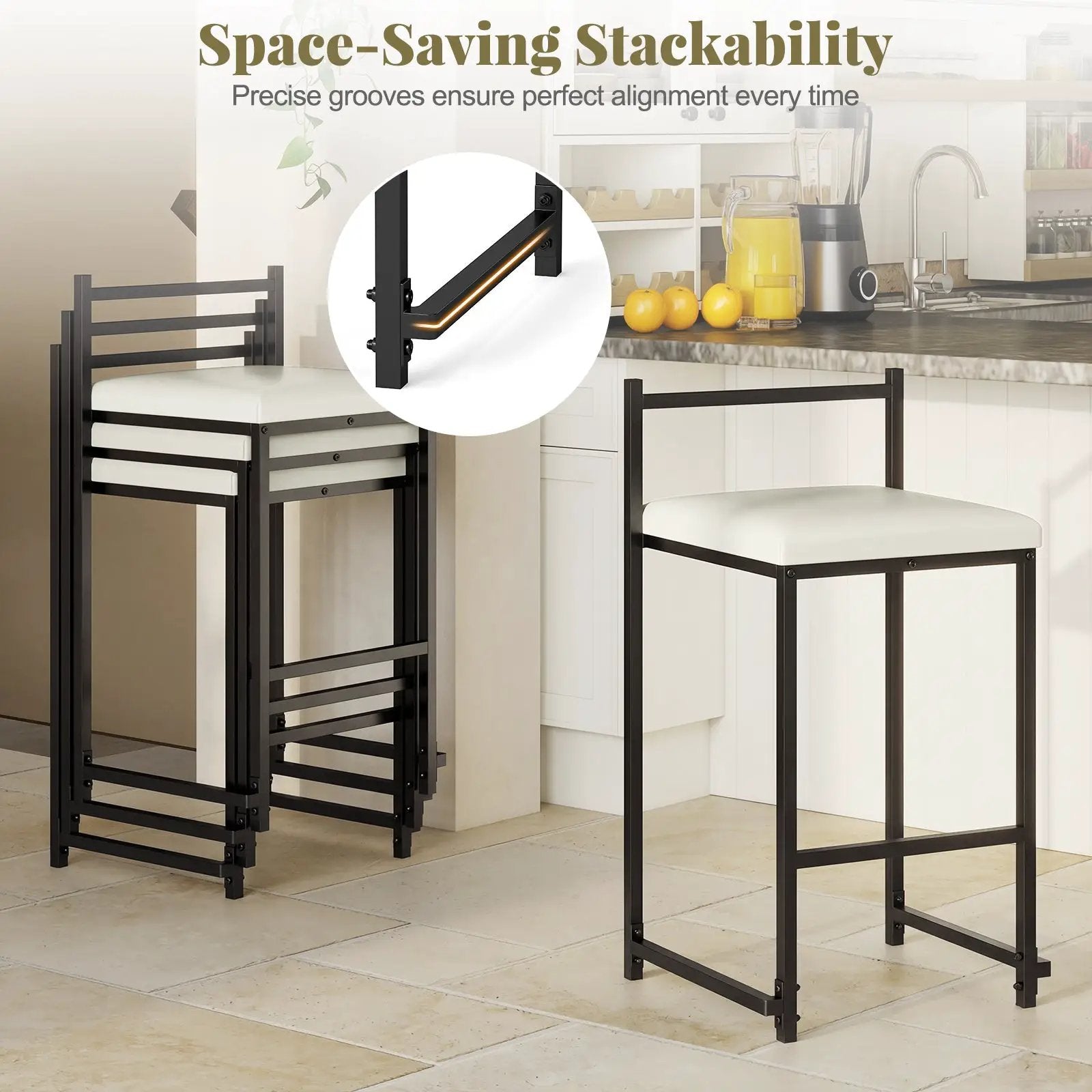 Set of 2 Stackable Counter Height Bar Stools PU Leather Upholstered with Footrest-Black by DirectDeals